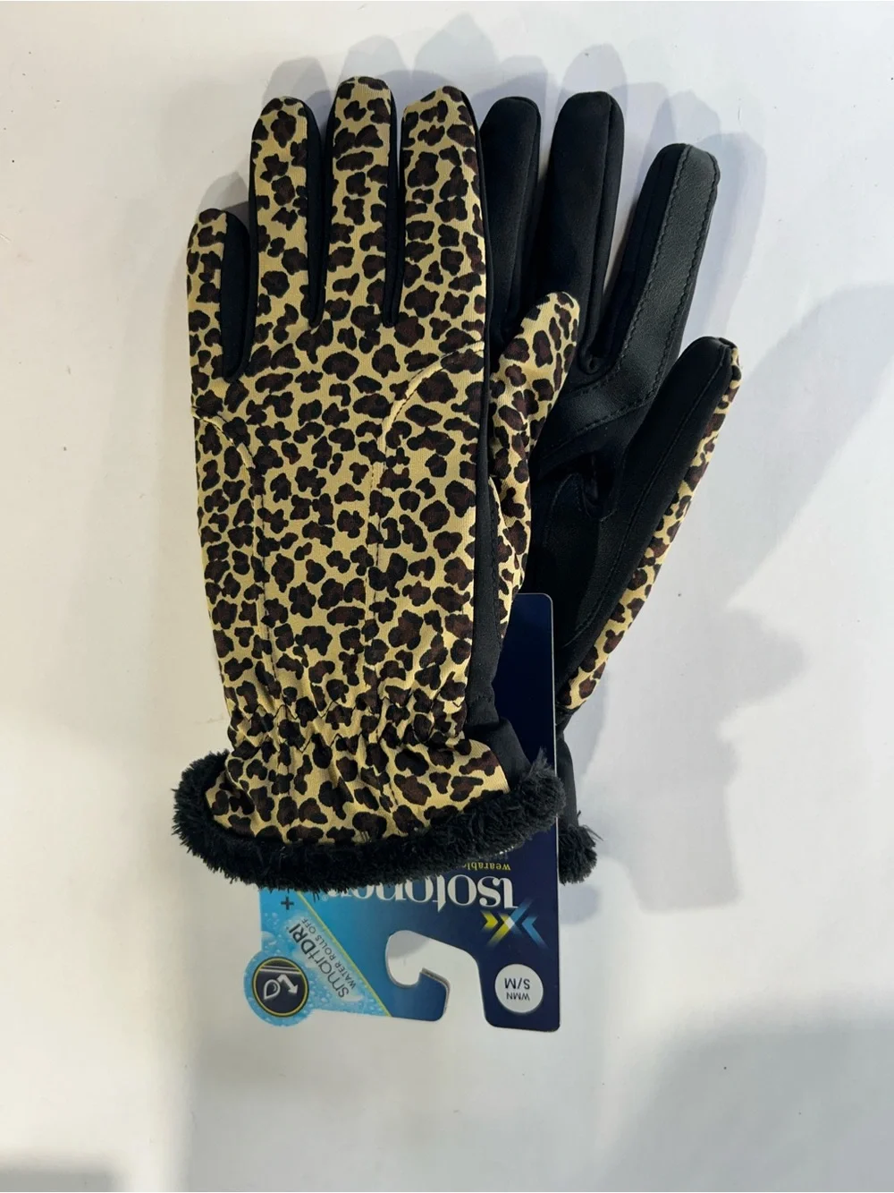 isotoner Leopard-Print Faux-Fur Winter Gloves in Black and Tan